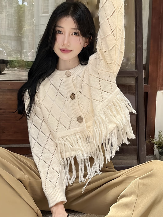 Sixsr Tassel Hem Pointelle Knit Cardigan, Preppy Long Sleeve Cardigan For Fall & Winter, Women's Clothing