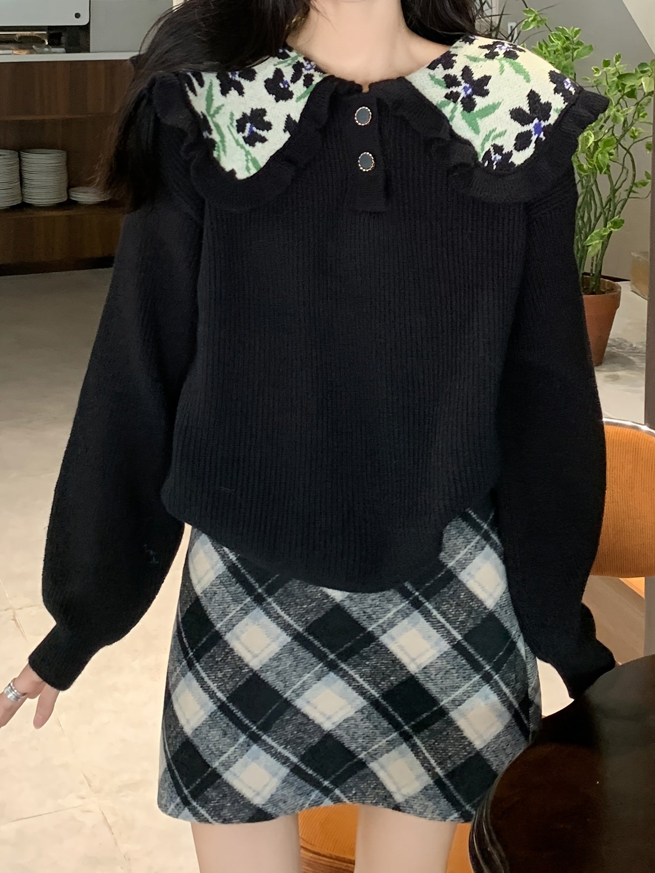 Sixsr Floral Pattern Ruffle Trim Lapel Sweater, Casual Long Sleeve Button Sweater For Fall & Winter, Women's Clothing