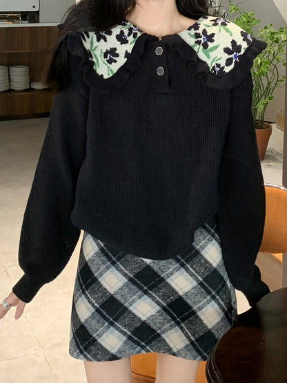 Sixsr Floral Pattern Ruffle Trim Lapel Sweater, Casual Long Sleeve Button Sweater For Fall & Winter, Women's Clothing