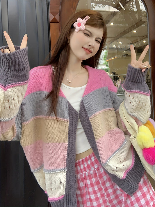 Sixsr Color Block Open Front Knit Cardigan, Casual Long Sleeve Loose Sweater, Women's Clothing