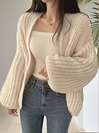 Sixsr Solid Open Front Knit Cardigan, Casual Long Sleeve Loose Slouchy Sweater, Women's Clothing