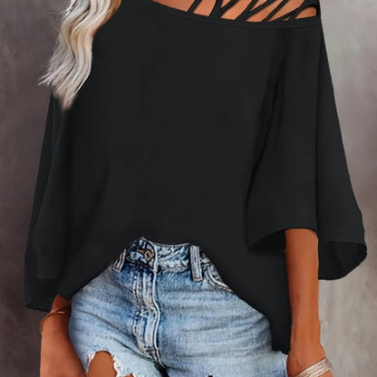 Cold Shoulder Criss Cross T-Shirt, Casual Crew Neck Long Sleeve T-Shirt For Spring & Summer, Women's Clothing