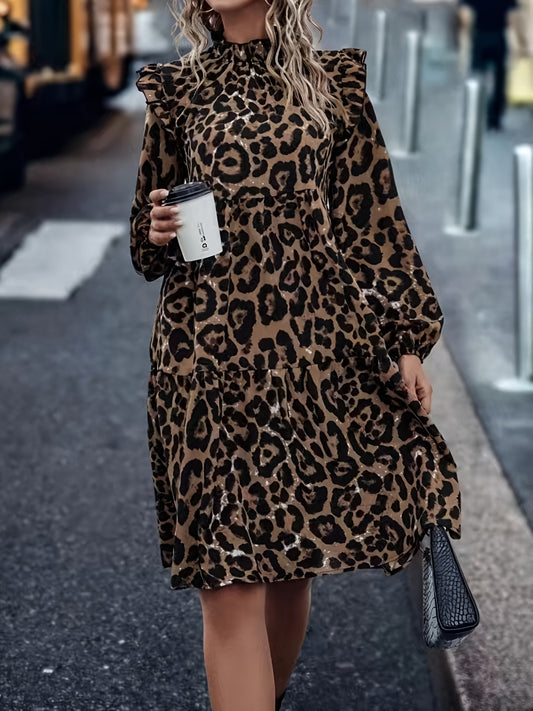 Sixsr Leopard Print Mock Neck Dress, Elegant Long Sleeve Ruffle Trim Dress, Women's Clothing