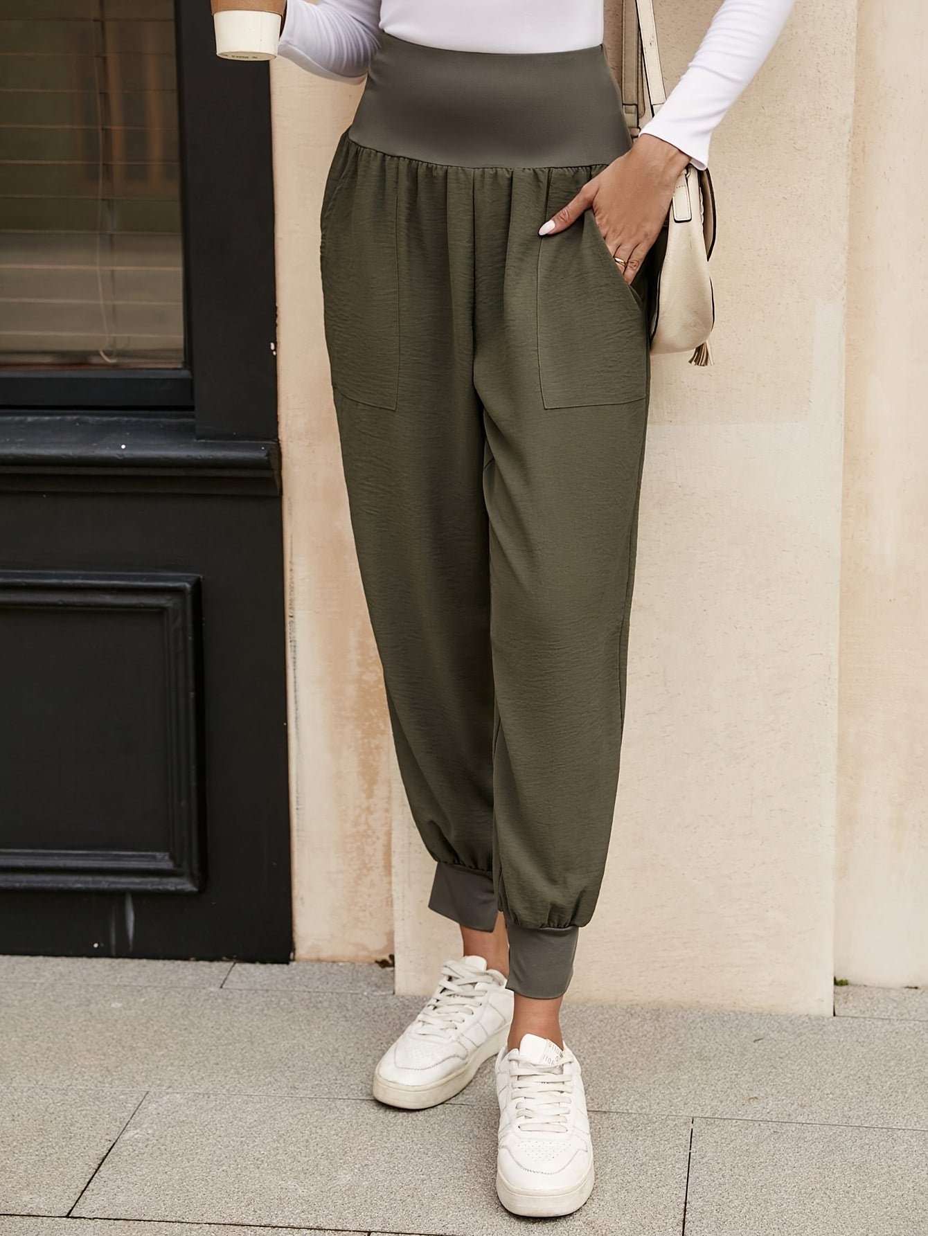 Sixsr Solid Loose Jogger Pants, Casual Elastic Waist Pants With Pocket, Women's Clothing