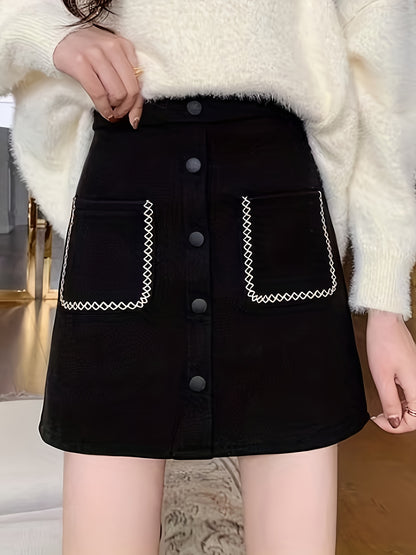 Sixsr Button Decor High Waist Skirt, Chic Dual Pockets A-line Skirt, Women's Clothing