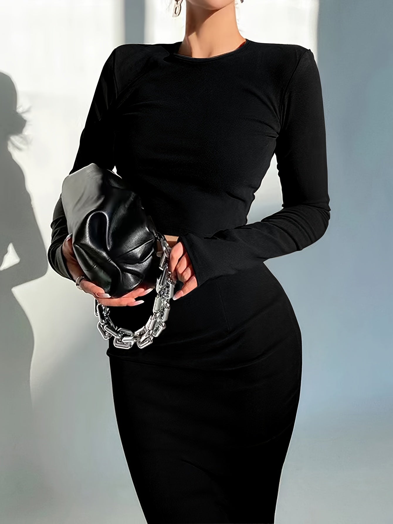 Sixsr Solid Casual Two-piece Set, Crew Neck Long Sleeve Tops & High Waist Midi Skirts Outfits, Women's Clothing