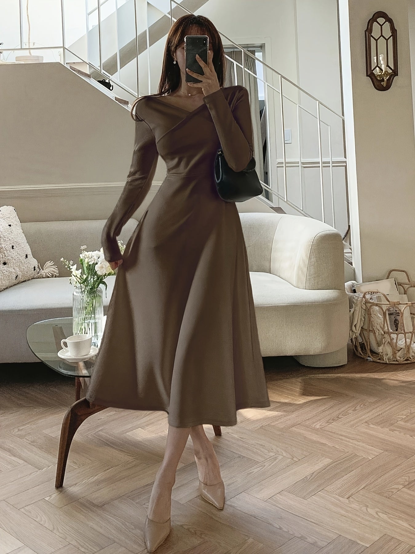 Sixsr Solid A-line Dress, Elegant V Neck Long Sleeve Dress For Spring & Fall, Women's Clothing