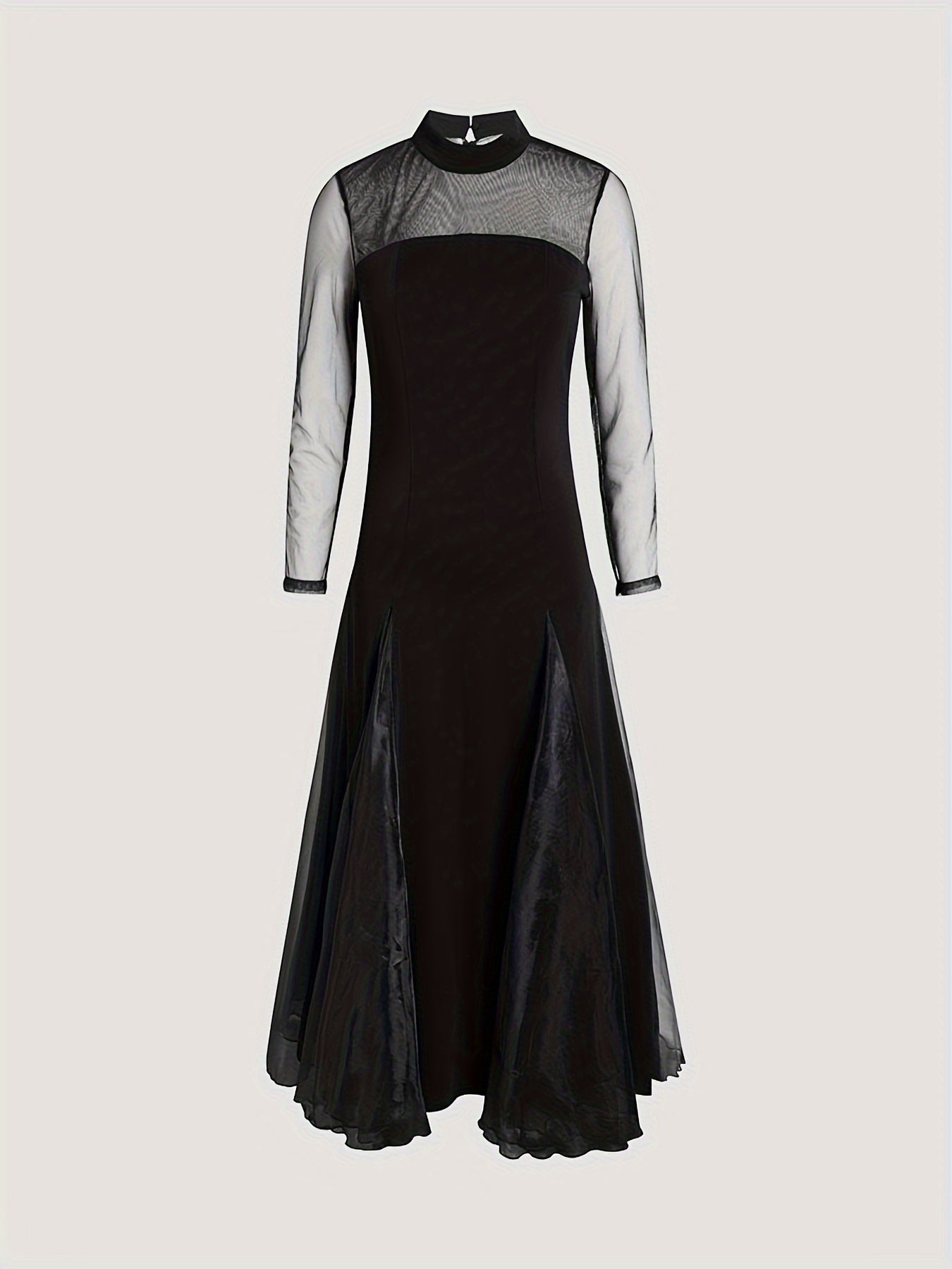 Sixsr Solid Mesh Splicing Mock Neck Dress, Elegant Long Sleeve Swing Maxi Dress For Party & Banquet, Women's Clothing