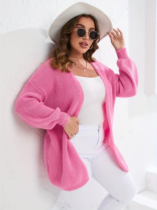 Sixsr Plus Size Solid Long Sleeve Knit Sweater Cardigan, Women's Plus Slight Stretch Casual Cardigan