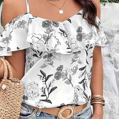 Boho Floral Print Spaghetti Blouse , Vacation Cold Shoulder Ruffle Trim Summer Tops , Women's Clothing