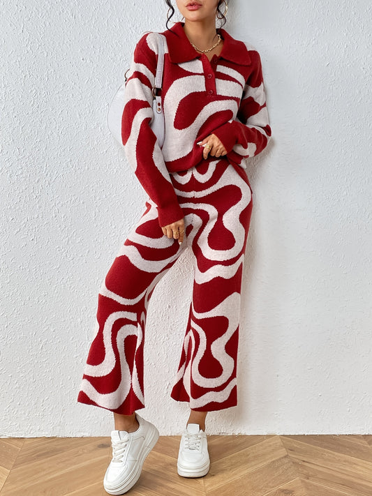 Sixsr All Over Pattern Knitted Two-piece Set, Collared Long Sleeve Top & Loose Pants Outfits, Women's Clothing
