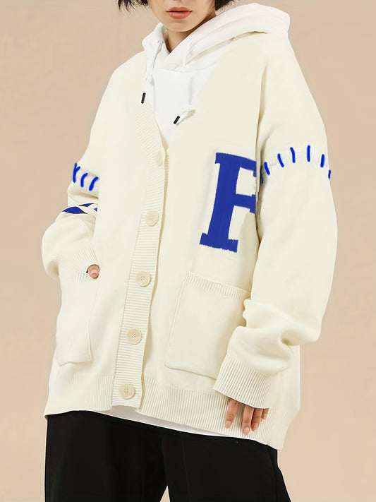 Sixsr F Pattern Button Up Cardigan, Preppy Long Sleeve Cardigan For Spring & Fall, Women's Clothing