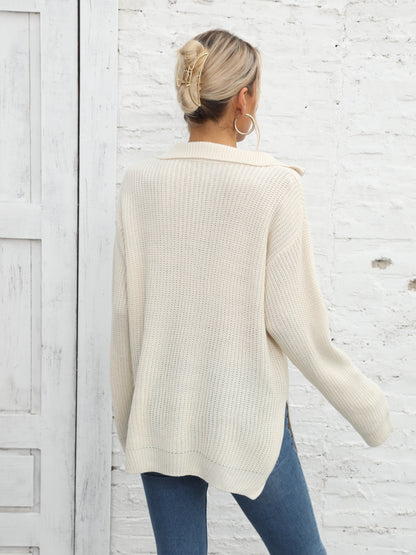 Sixsr Long Sleeve Half Zip Sweater, Side Slit Casual Sweater For Winter & Fall, Women's Clothing