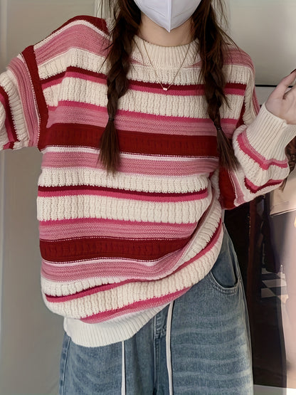 Sixsr Striped Crew Neck Pullover Sweater, Casual Long Sleeve Loose Warm Winter Sweater, Women's Clothing