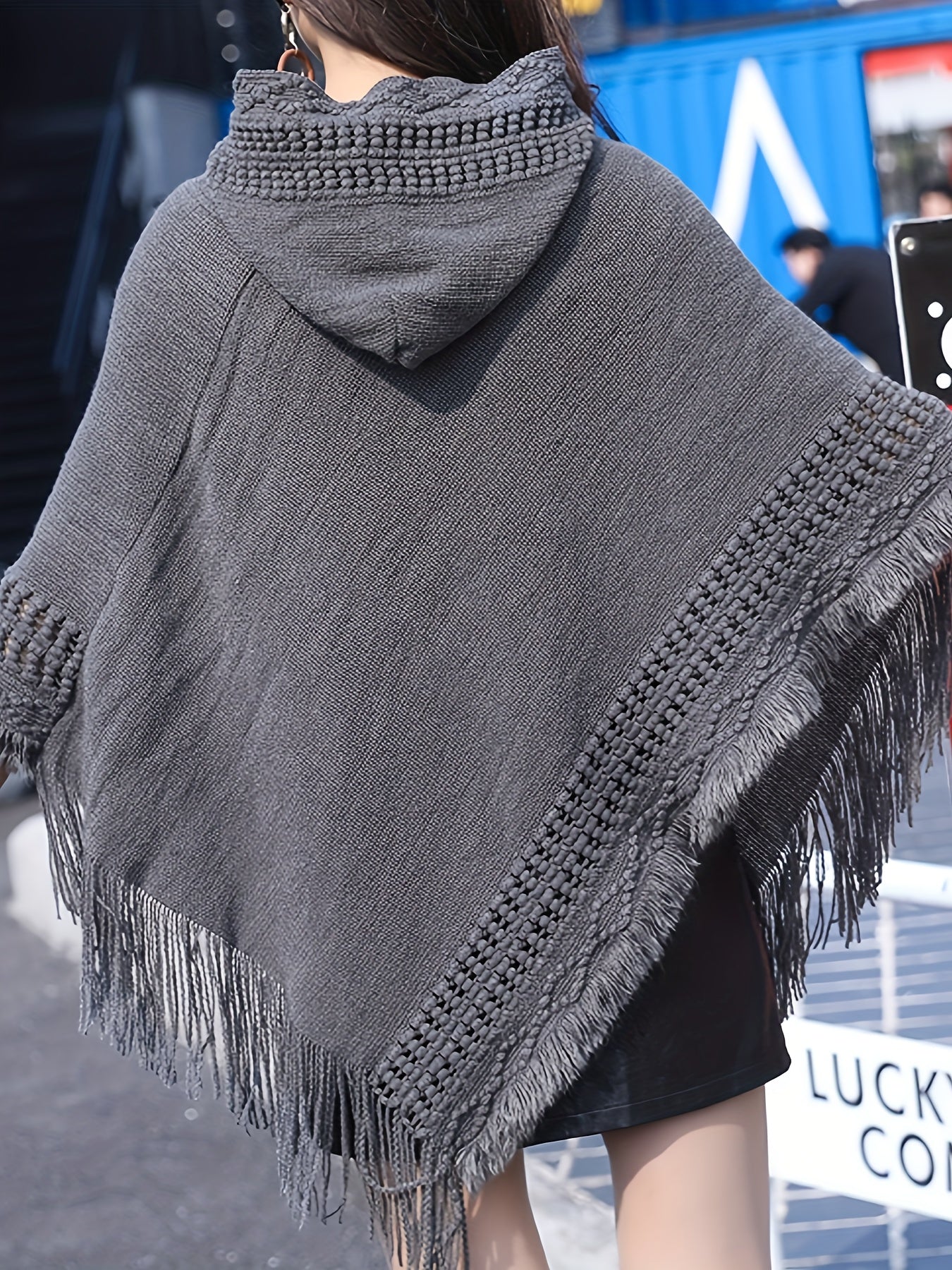 Sixsr Solid Tassel Hem Hooded Knit Sweater, Casual Asymmetrical Loose Cape Sweater, Women's Clothing