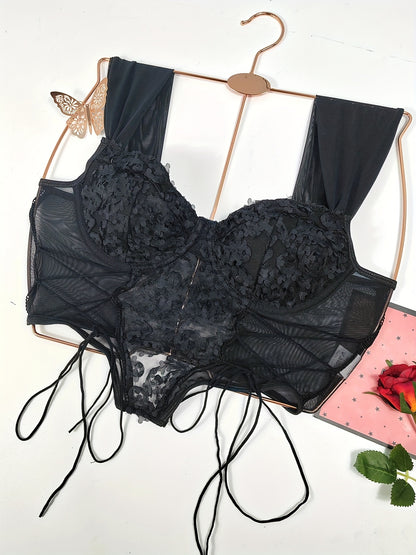 Floral Lace Drawstring Camisole Corset Tops, V Neck Textured Underwire Vest Lingerie, Women's Lingerie & Underwear