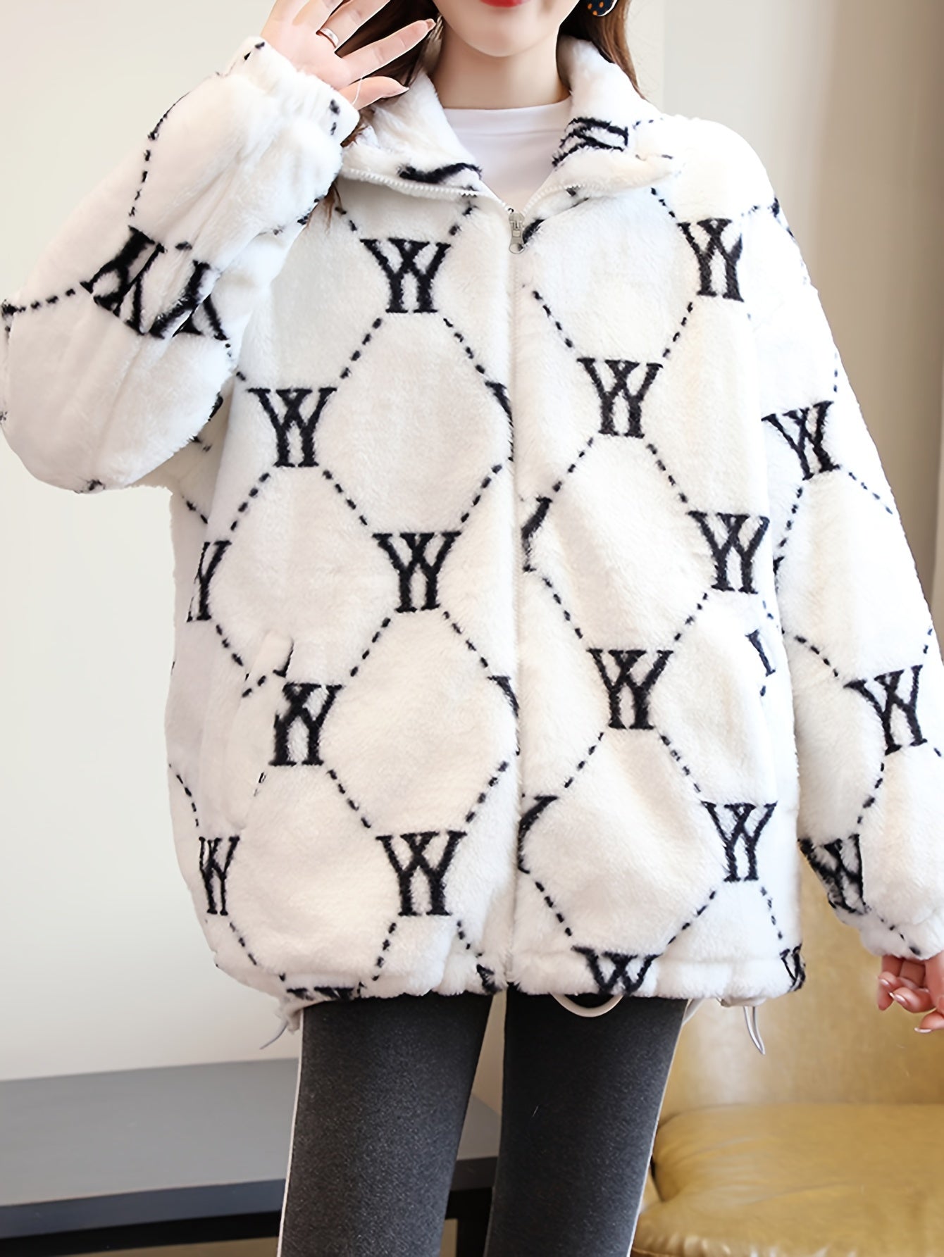 Sixsr Allover Print Zip-up Plush Coat, Casual Thermal Long Sleeve Lapel Coat For Fall & Winter, Women's Clothing