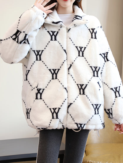 Sixsr Allover Print Zip-up Plush Coat, Casual Thermal Long Sleeve Lapel Coat For Fall & Winter, Women's Clothing