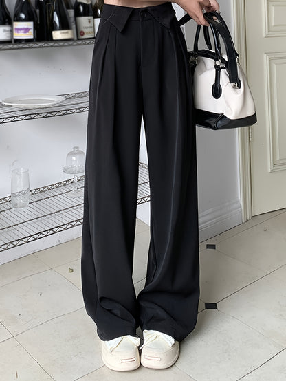 Sixsr Button Front Straight Leg Pants, Casual Pleated Pocket High Waist Pants, Women's Clothing