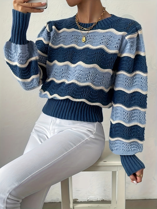 Sixsr Color Block Striped Pointelle Knit Sweater, Casual Lantern Sleeve Fashion Sweater For Spring & Fall, Women's Clothing