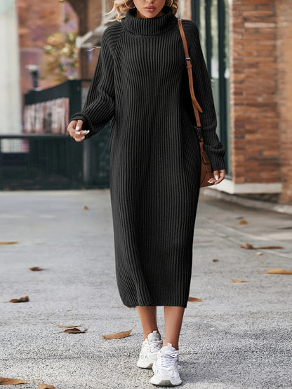 Sixsr Turtleneck Ribbed Sweater Dress, Casual Solid Long Sleeve Midi Dress, Women's Clothing