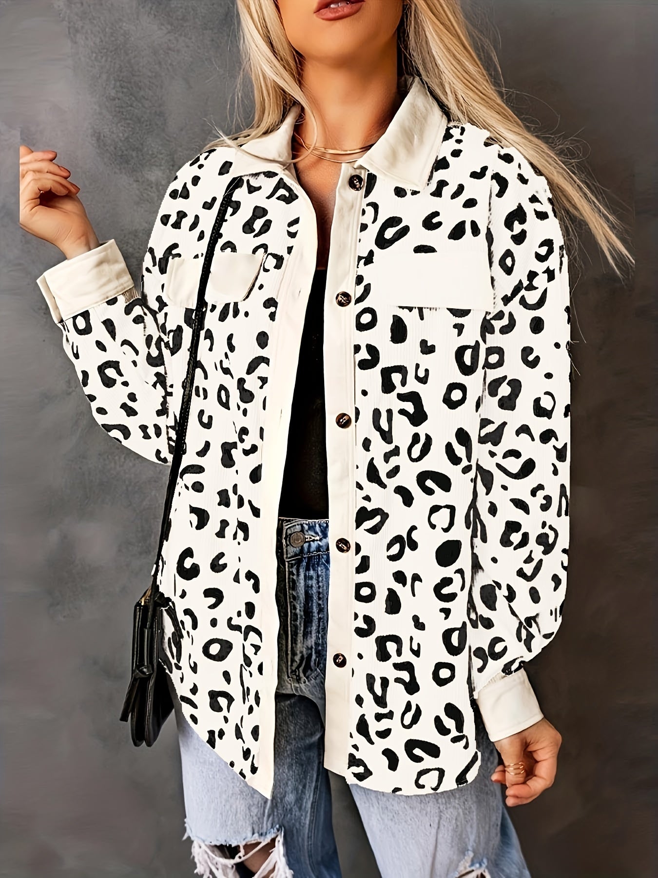 Sixsr Plus Size Casual Coat, Women's Plus Leopard Print Long Sleeve Lapel Collar Button Up Flap Pocketed Jacket