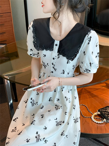 Sixsr Floral Print Doll Collar Dress, Elegant Short Sleeve Waist Slimming Skinny Dress For Summer, Women's Clothing