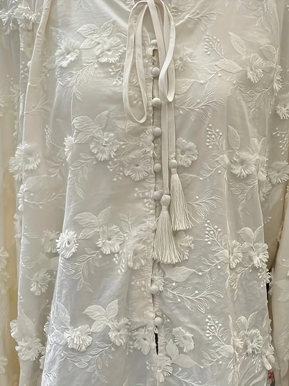 Sixsr Floral Embroidered Blouse, Elegant Drawstring Long Sleeve Blouse, Women's Clothing
