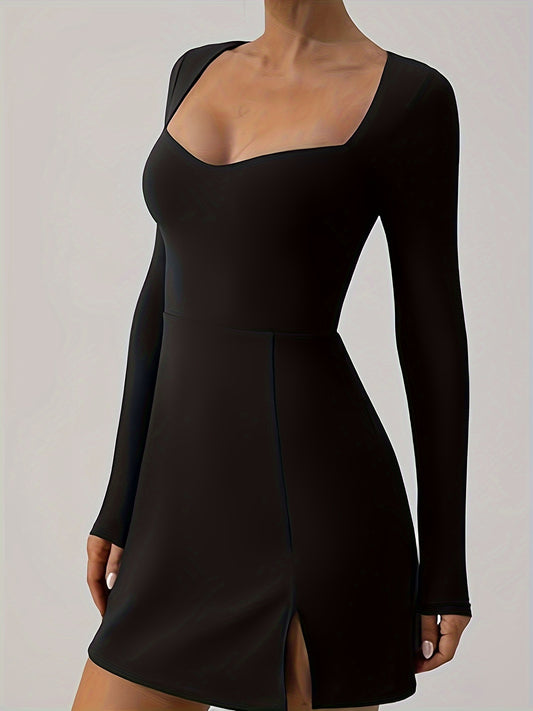 Sixsr Solid Color Long Sleeve Dress, Chic Slim Split Hem Dress For Spring & Fall, Women's Clothing