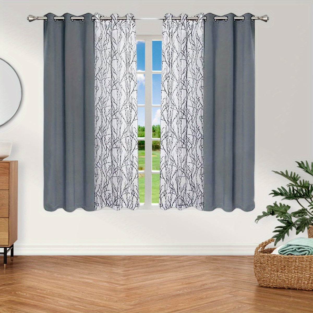 1 Panel Branch Printed Sheer Curtain + 1 Panel Blackout Curtain - Panels for Bedroom, Office, Living Room Home Decor with Grommet Top Window Drapes