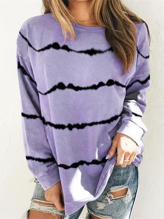 Sixsr Plus Size Tie Dye Strip Print Long Sleeve Sweatshirt, Women's Plus Slight Stretch Casual Sweatshirt