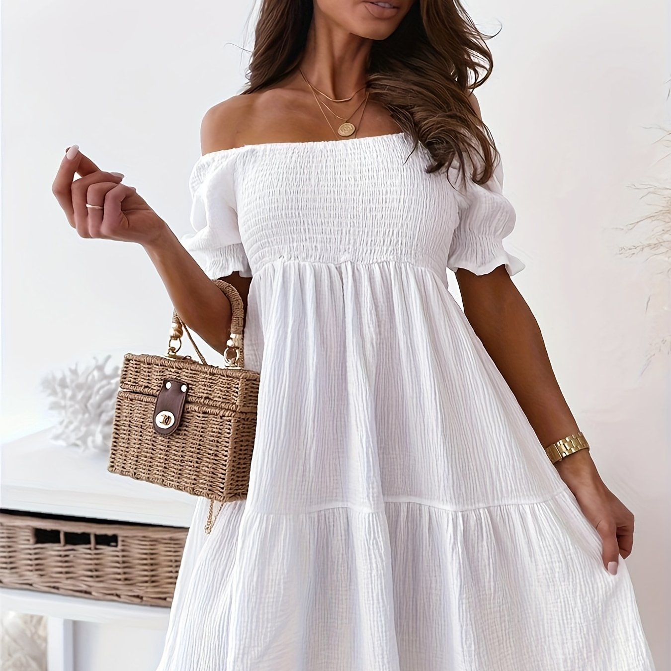 Off Shoulder Smocked Dress, Loose Vacation Casual Dress For Summer & Spring, Women's Clothing