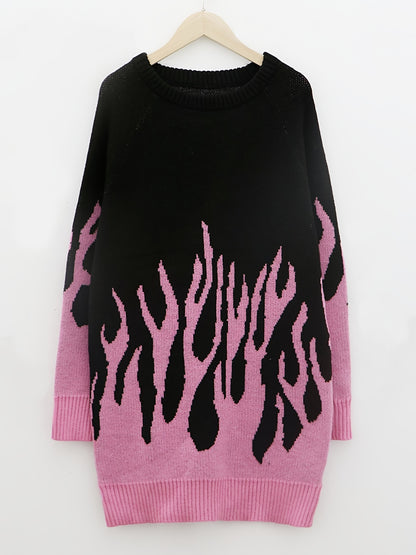 Flame Pattern Sweater Dress, Casual Crew Neck Long Sleeve Dress, Women's Clothing
