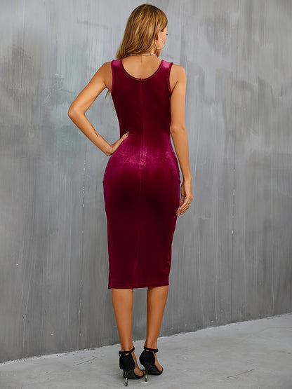 Sixsr Solid Bodycon Velvet Tank Dress, Elegant Square Neck Split Hem Dress, Women's Clothing