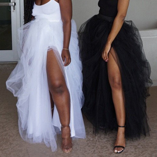 Wish new women's mesh puffy skirt adult Tutu long fishtail skirt black and white mesh dress