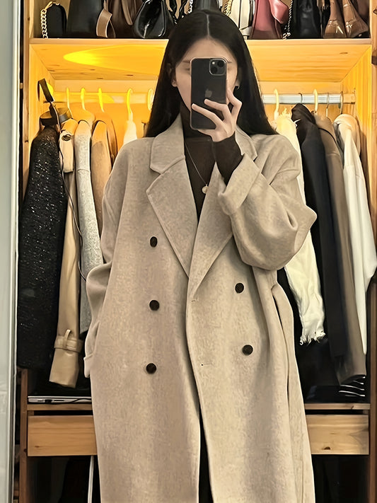 Sixsr Solid Double Breasted Belted Overcoat, Elegant Lapel Long Sleeve Pockets Outwear For Fall & Winter, Women's Clothing