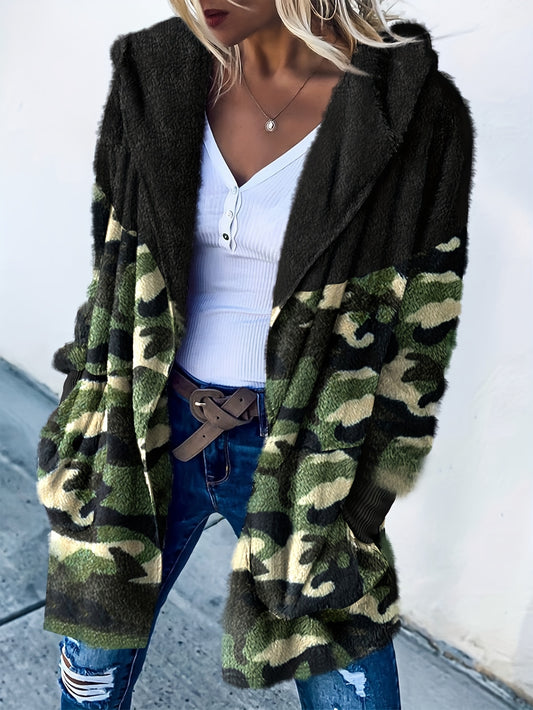 Sixsr Plus Size Casual Coat, Women's Plus Colorblock Camo Print Fleece Zip Up Long Sleeve Hooded Teddy Coat With Pockets
