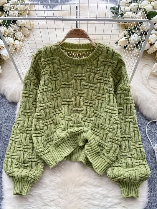 Sixsr Solid Crew Neck Pullover Sweater, Casual Long Sleeve Loose Sweater For Fall & Winter, Women's Clothing