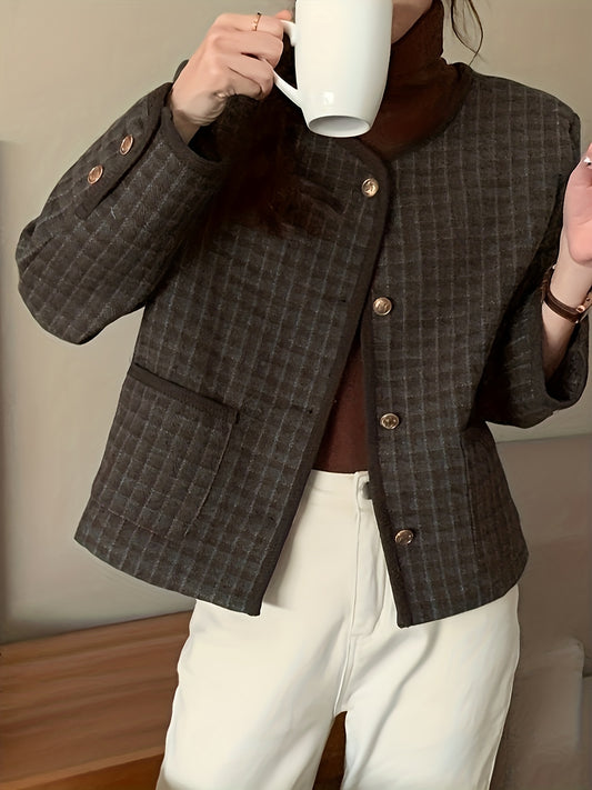 Sixsr Plaid Pattern Simple Coat, Vintage Button Front Long Sleeve Outerwear, Women's Clothing