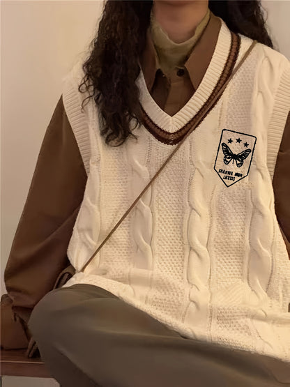 Sixsr Preppy Style V Neck Cable Knit Vest, Casual Sleeveless Loose Sweater Vest, Women's Clothing