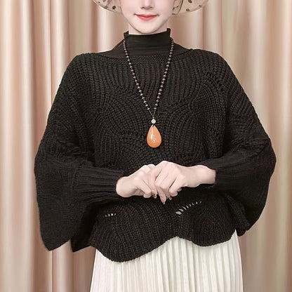 Sixsr Knitted Hollow Out Pullover Poncho Solid Color Batwing Loose Shawl Women's Stylish Round Neck Outerwear Smock