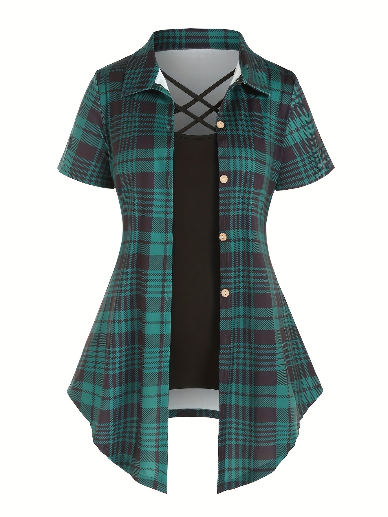 Women's Plaid Print Button Front Shirt and Solid Slim Cami Top Set - Perfect for Casual Summer Outfits