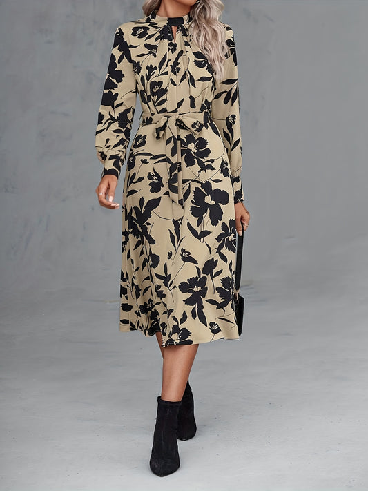 Sixsr Floral Print Keyhole Dress, Casual Stand Collar Long Sleeve Dress For Spring & Fall, Women's Clothing