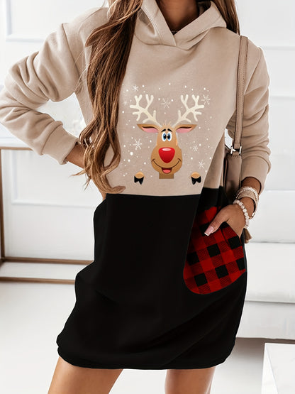 Women's Fashion New Christmas Deer Plaid Print Color Block Hooded Sweatshirt Dress