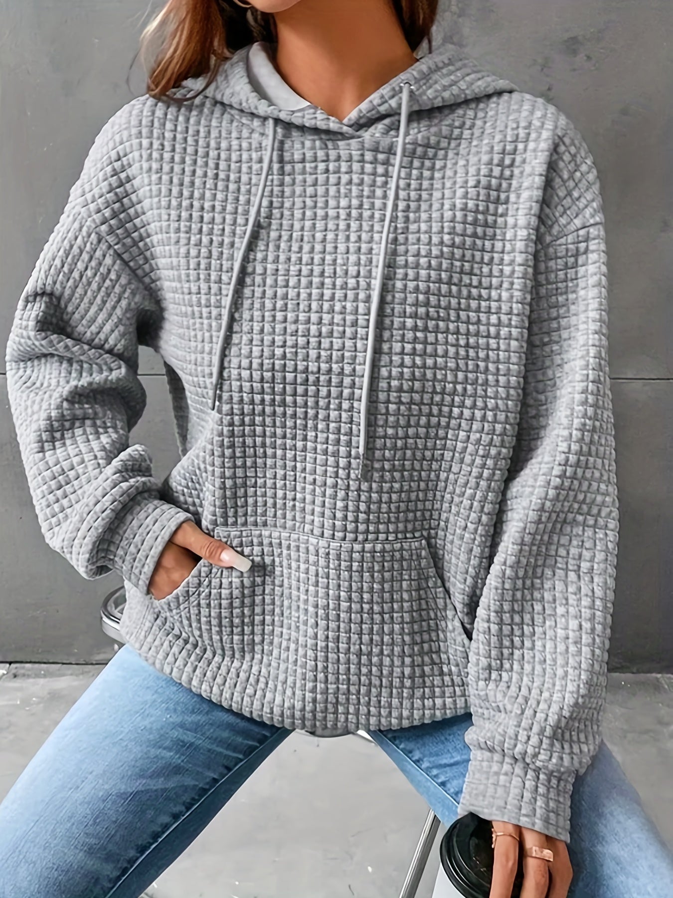 Sixsr Plus Size Casual Sweatshirt, Women's Plus Solid Waffle Knit Long Sleeve Drawstring Hoodie With Giant Pocket