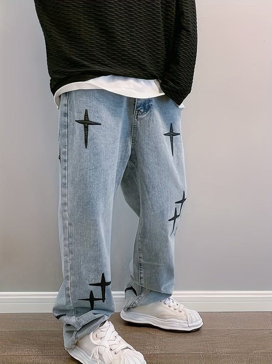 Sixsr Men's Cross Print Loose Fit Jeans, Men's Casual Street Style Distressed Jeans