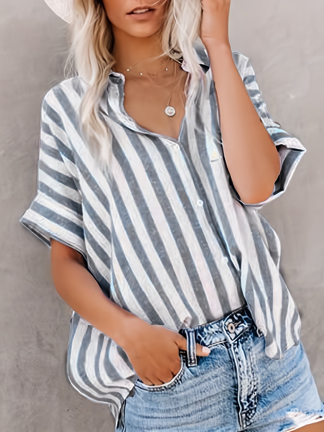 Sixsr Button Up Striped Shirt, Loose Casual Top For Spring & Summer, Women's Clothing