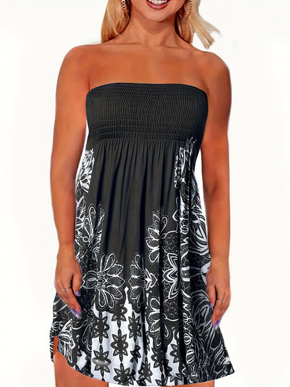 Sixsr Floral Print Off Shoulder Dress, Casual Shirred Pleated Midi Dress, Women's Clothing