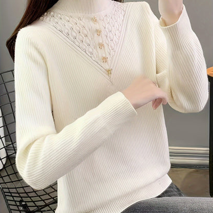 Sixsr Solid Mock Neck Fleece Sweater, Elegant Button Long Sleeve Thermal Inner Wear Sweater, Women's Clothing