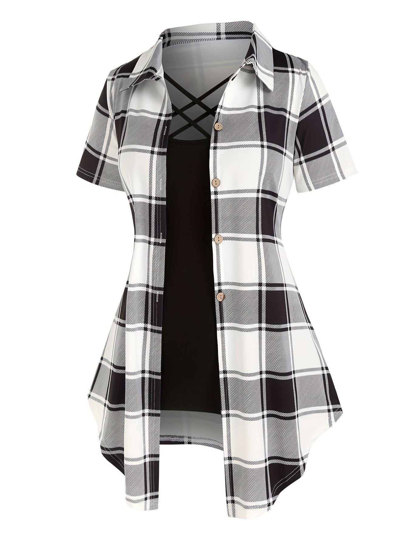 Women's Plaid Print Button Front Shirt and Solid Slim Cami Top Set - Perfect for Casual Summer Outfits